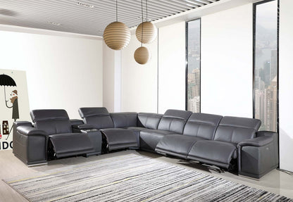 Gray Italian Leather U Shaped Seven Piece Sectional w/ Console