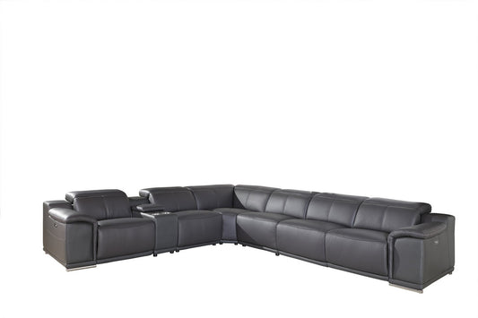 Gray Italian Leather U Shaped Seven Piece Sectional w/ Console