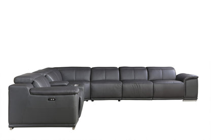 Gray Italian Leather U Shaped Seven Piece Sectional w/ Console