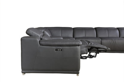 Gray Italian Leather U Shaped Seven Piece Sectional w/ Console