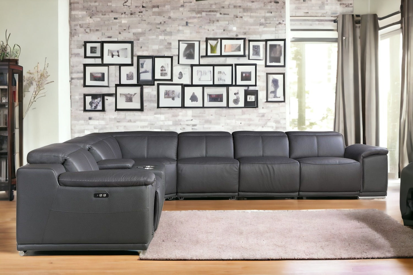 Gray Italian Leather U Shaped Seven Piece Sectional w/ Console