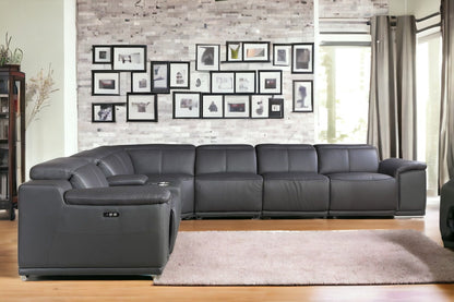 Gray Italian Leather U Shaped Seven Piece Sectional w/ Console