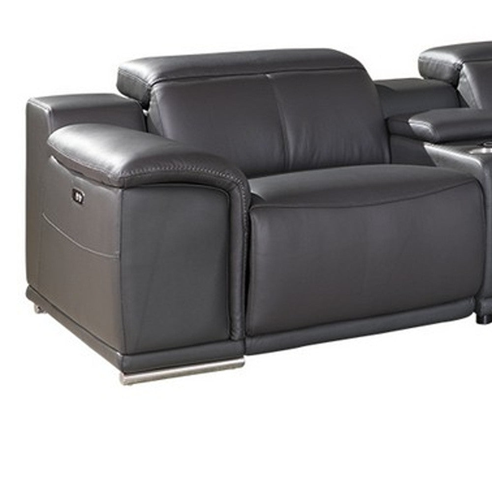 Gray Italian Leather U Shaped Seven Piece Sectional w/ Console
