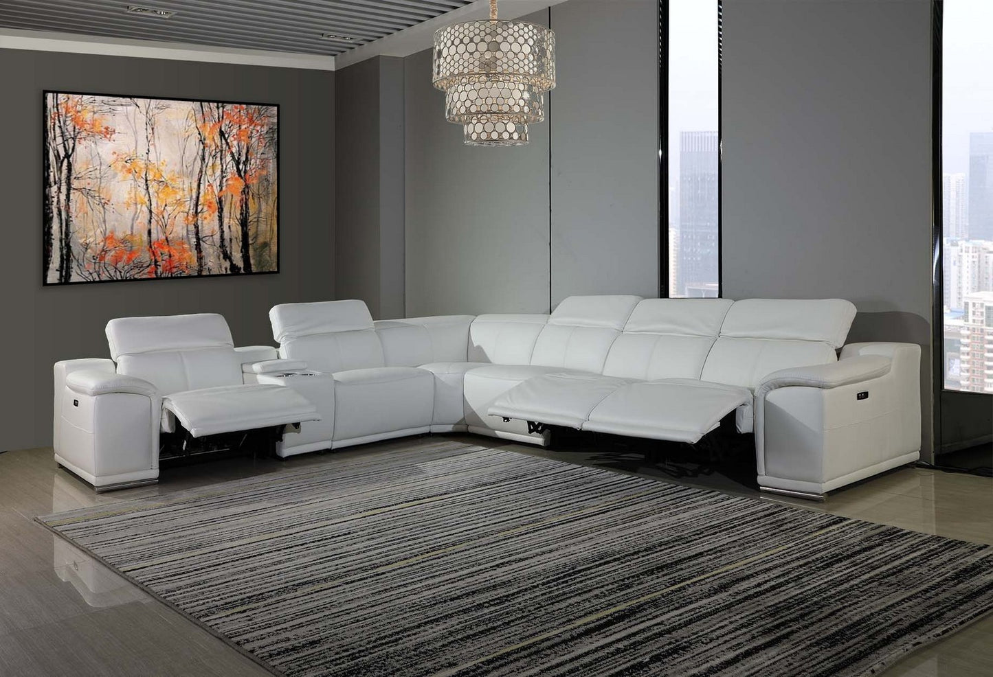 White Italian Leather U Shaped Seven Piece Sectional w/ Console