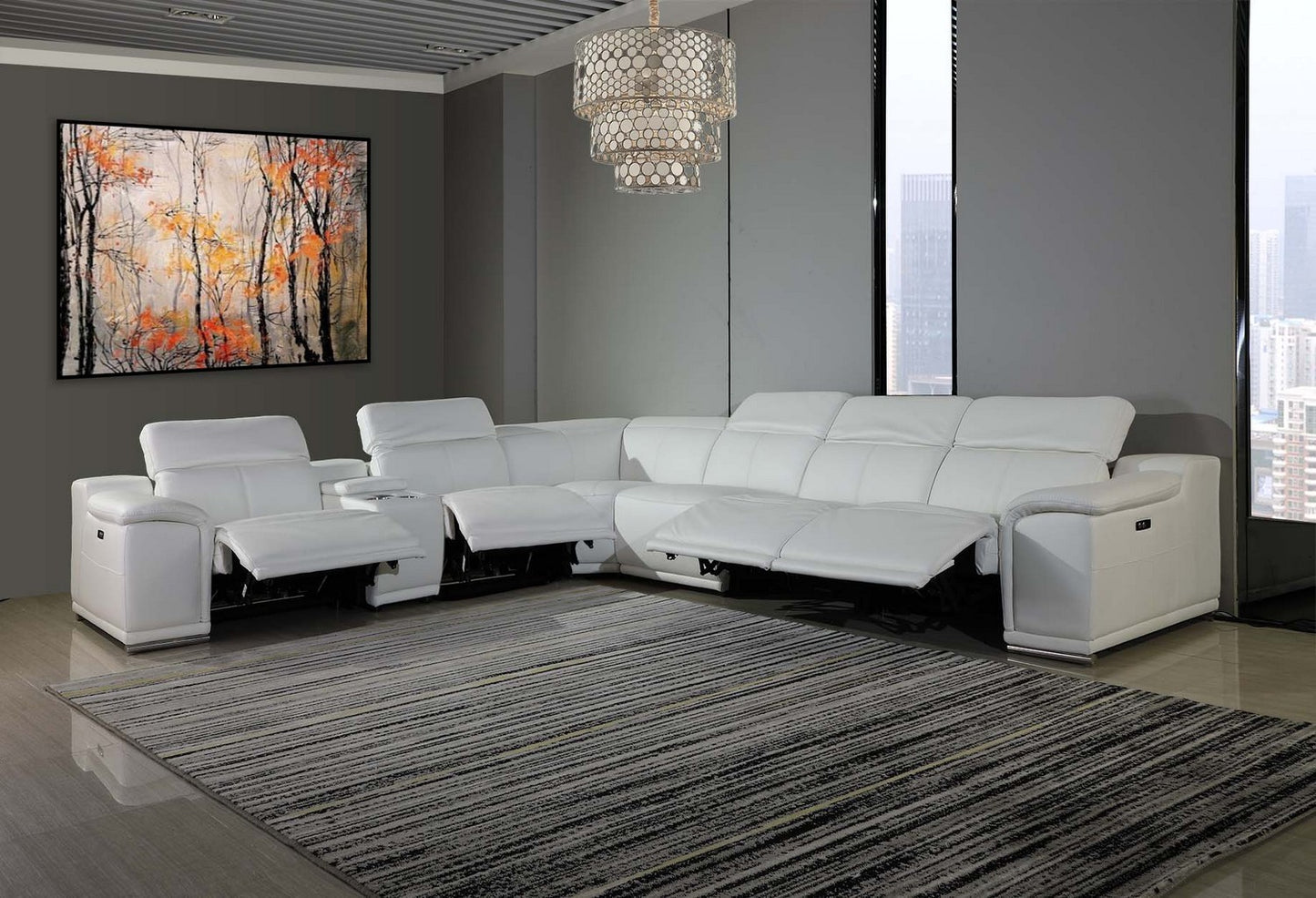 White Italian Leather U Shaped Seven Piece Sectional w/ Console