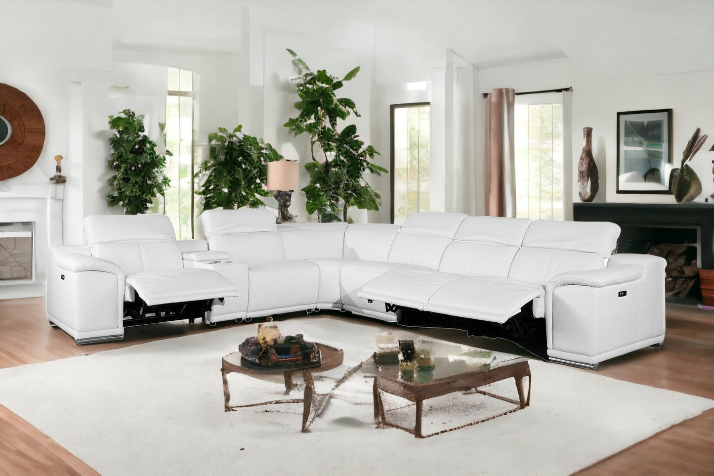 White Italian Leather U Shaped Seven Piece Sectional w/ Console