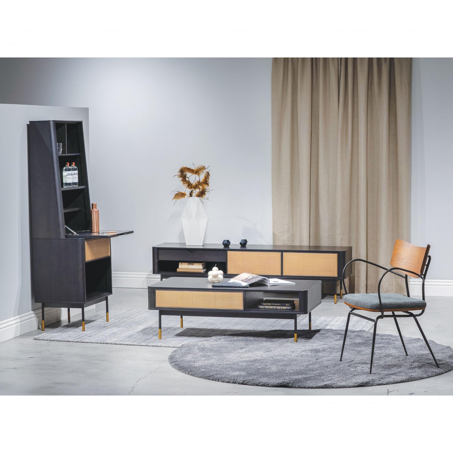 Black & Brown Solid Wood & Steel Coffee Table w/ Drawer