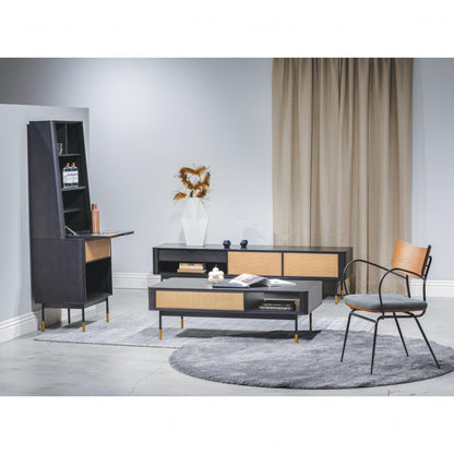 Black & Brown Solid Wood & Steel Coffee Table w/ Drawer