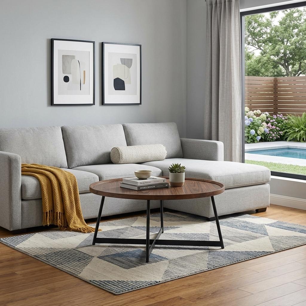 Brown & Black Wood & Metal Round Frame Coffee Table image 1