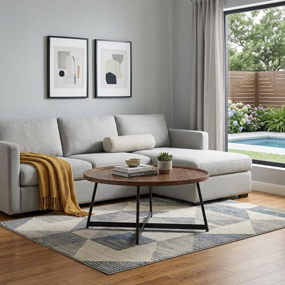 Brown & Black Wood & Metal Round Frame Coffee Table image 1