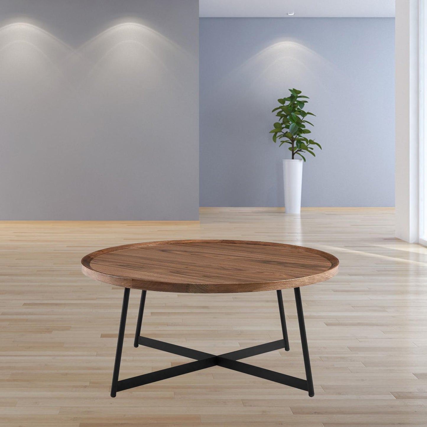 Brown & Black Wood & Metal Round Frame Coffee Table image 9