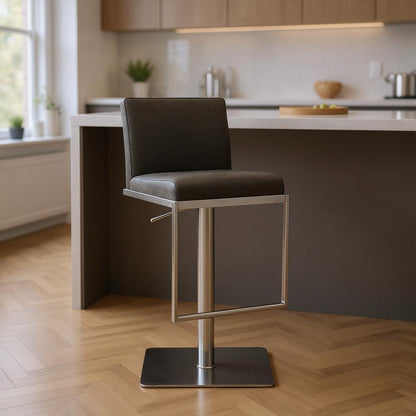 Dark Gray & Silver Faux Leather & Steel Adjustable Bar Chair