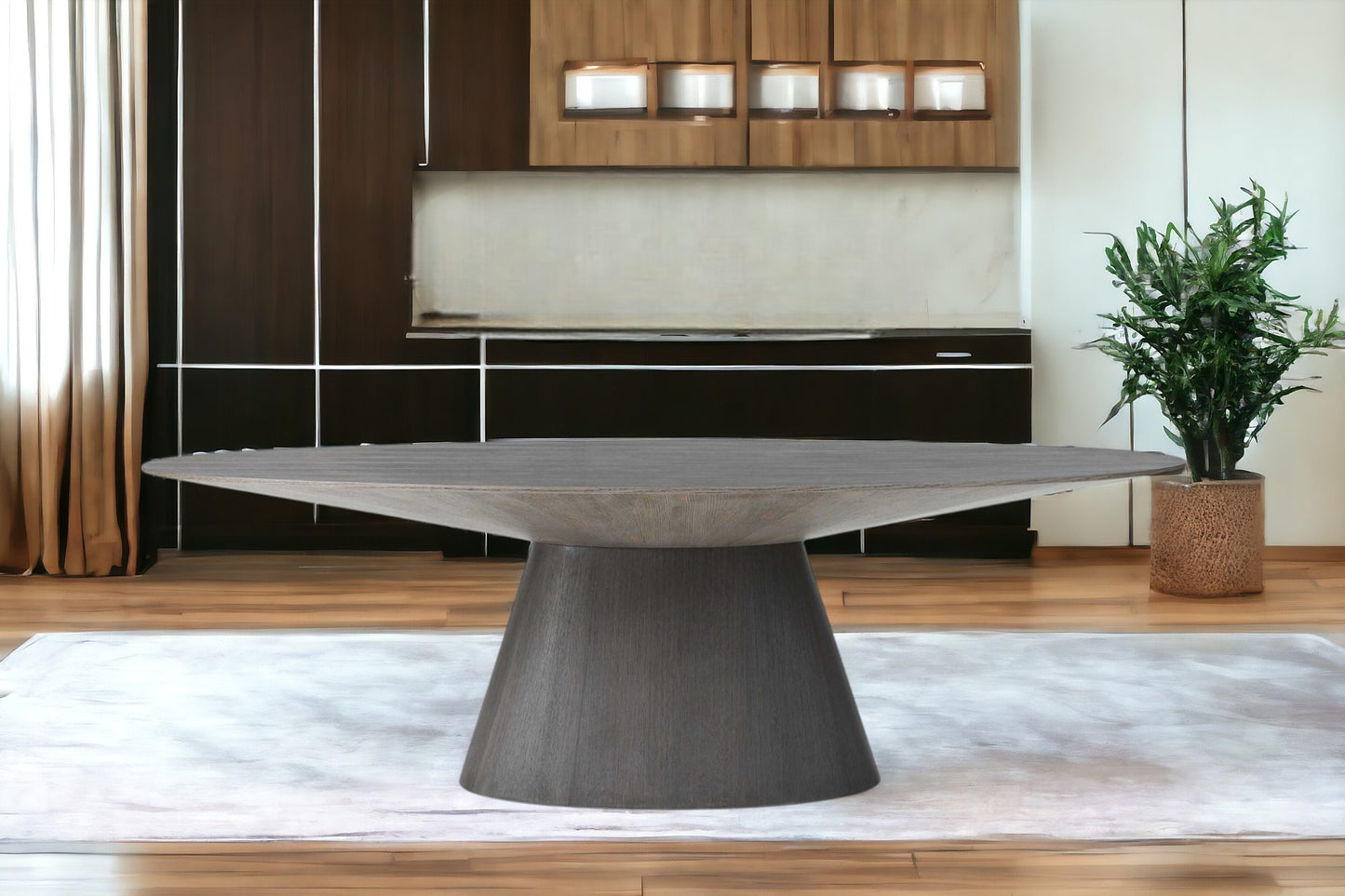 Gray Rounded Solid Wood Pedestal Base Dining Table