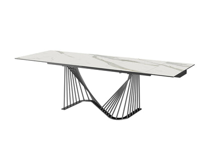 White and Black Stone and Iron Self-Storing Leaf Dining Table