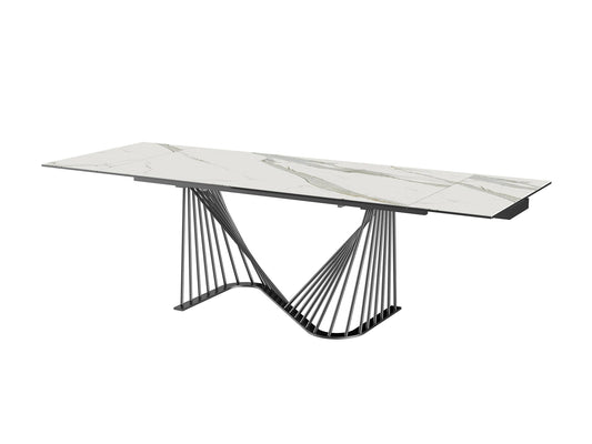 White and Black Stone and Iron Self-Storing Leaf Dining Table