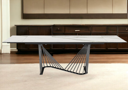 White and Black Stone and Iron Self-Storing Leaf Dining Table