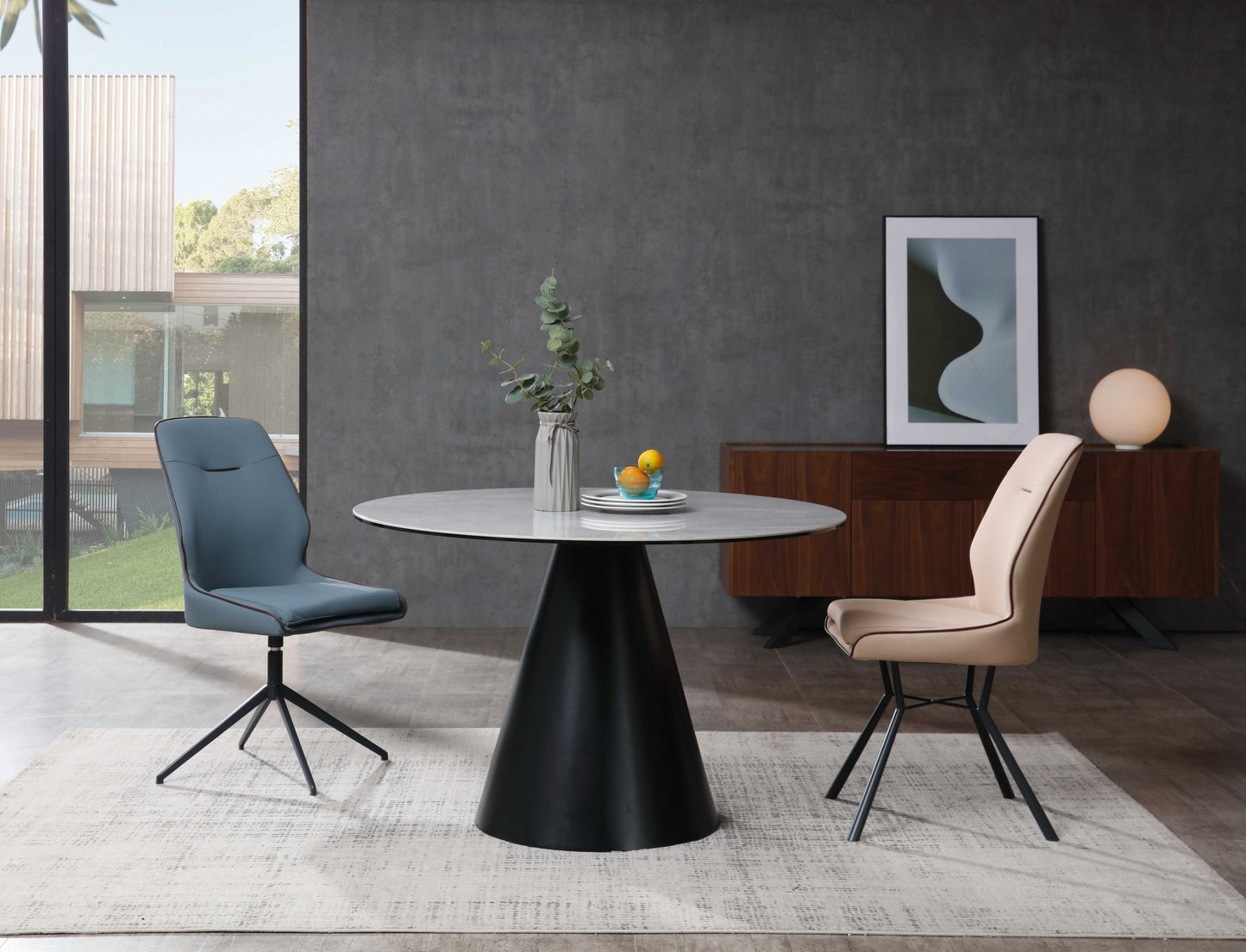 Gray Rounded Stone And Iron Pedestal Base Dining Table