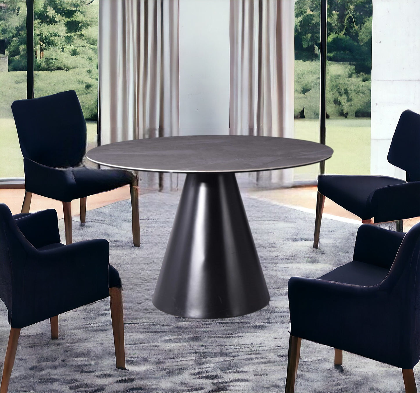 Gray Rounded Stone And Iron Pedestal Base Dining Table