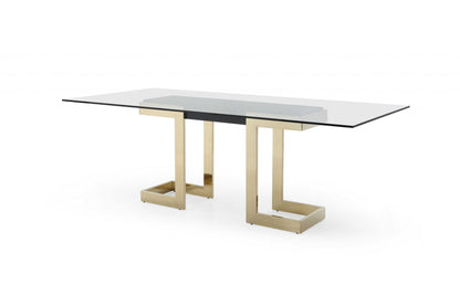 Clear And Gold Glass And Stainless Steel Double Pedestal Base Dining Table