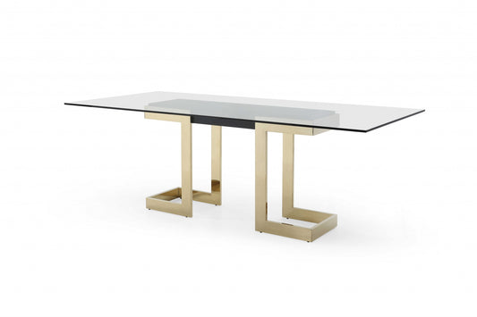 Clear And Gold Glass And Stainless Steel Double Pedestal Base Dining Table