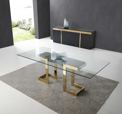 Clear And Gold Glass And Stainless Steel Double Pedestal Base Dining Table