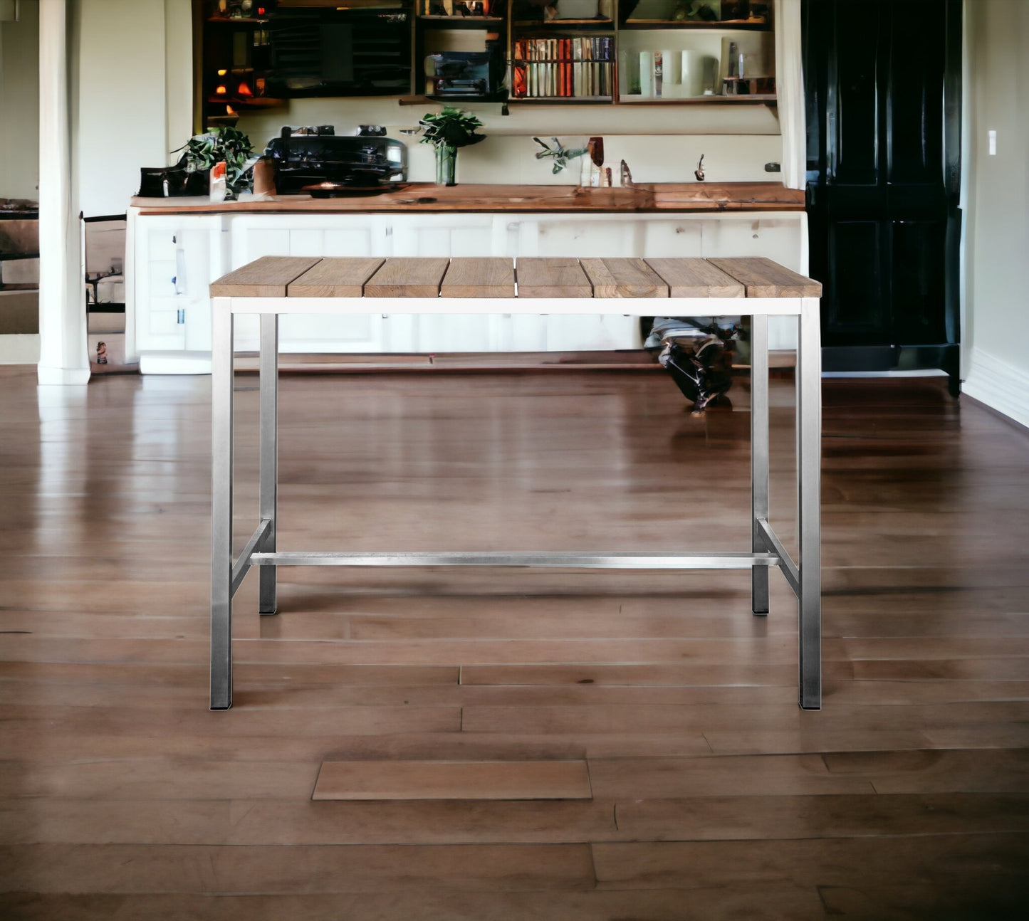 Wood Brown And Silver Solid Wood And Stainless Steel Dining Table