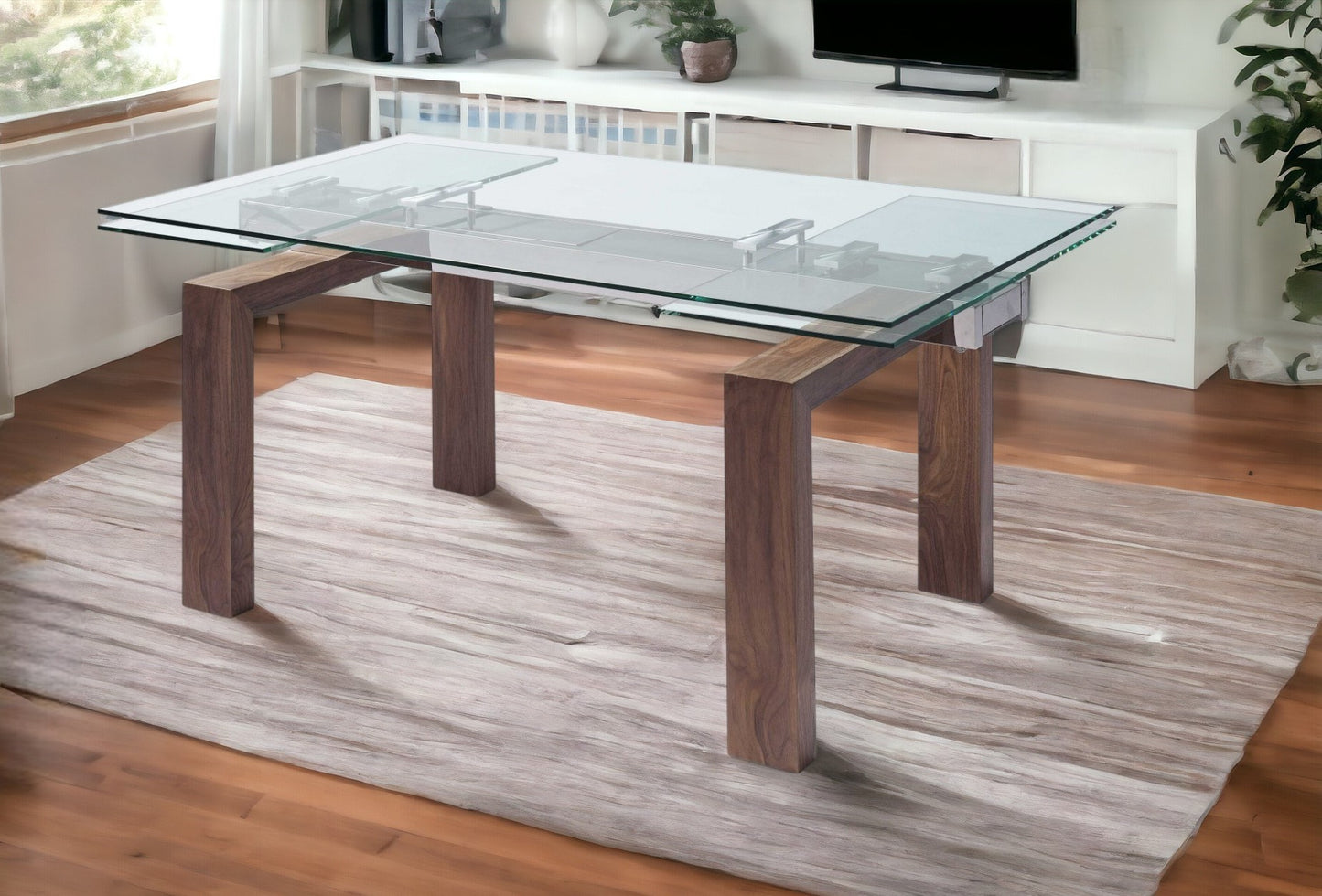 Clear and Brown Glass Self-Storing Leaf Dining Table