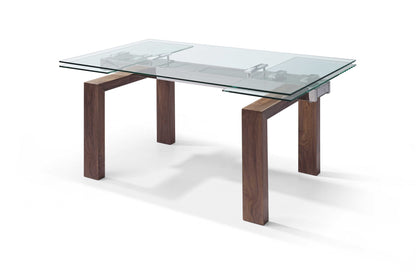 Clear and Brown Glass Self-Storing Leaf Dining Table