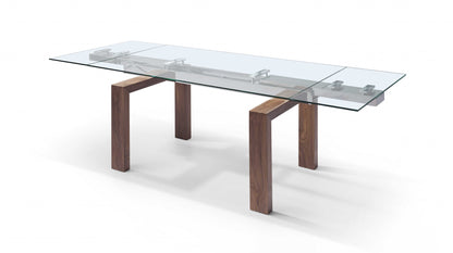 Clear and Brown Glass Self-Storing Leaf Dining Table