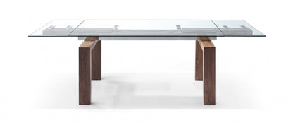 Clear and Brown Glass Self-Storing Leaf Dining Table