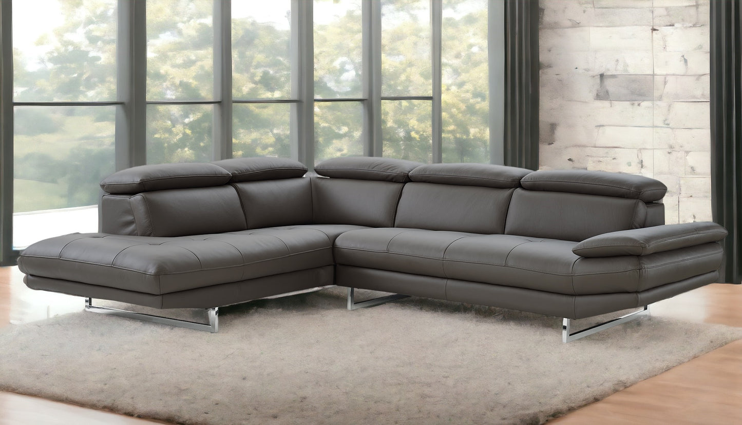 Dark Gray Genuine Leather L Shaped 2 Piece Sectional