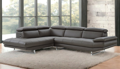Dark Gray Genuine Leather L Shaped 2 Piece Sectional