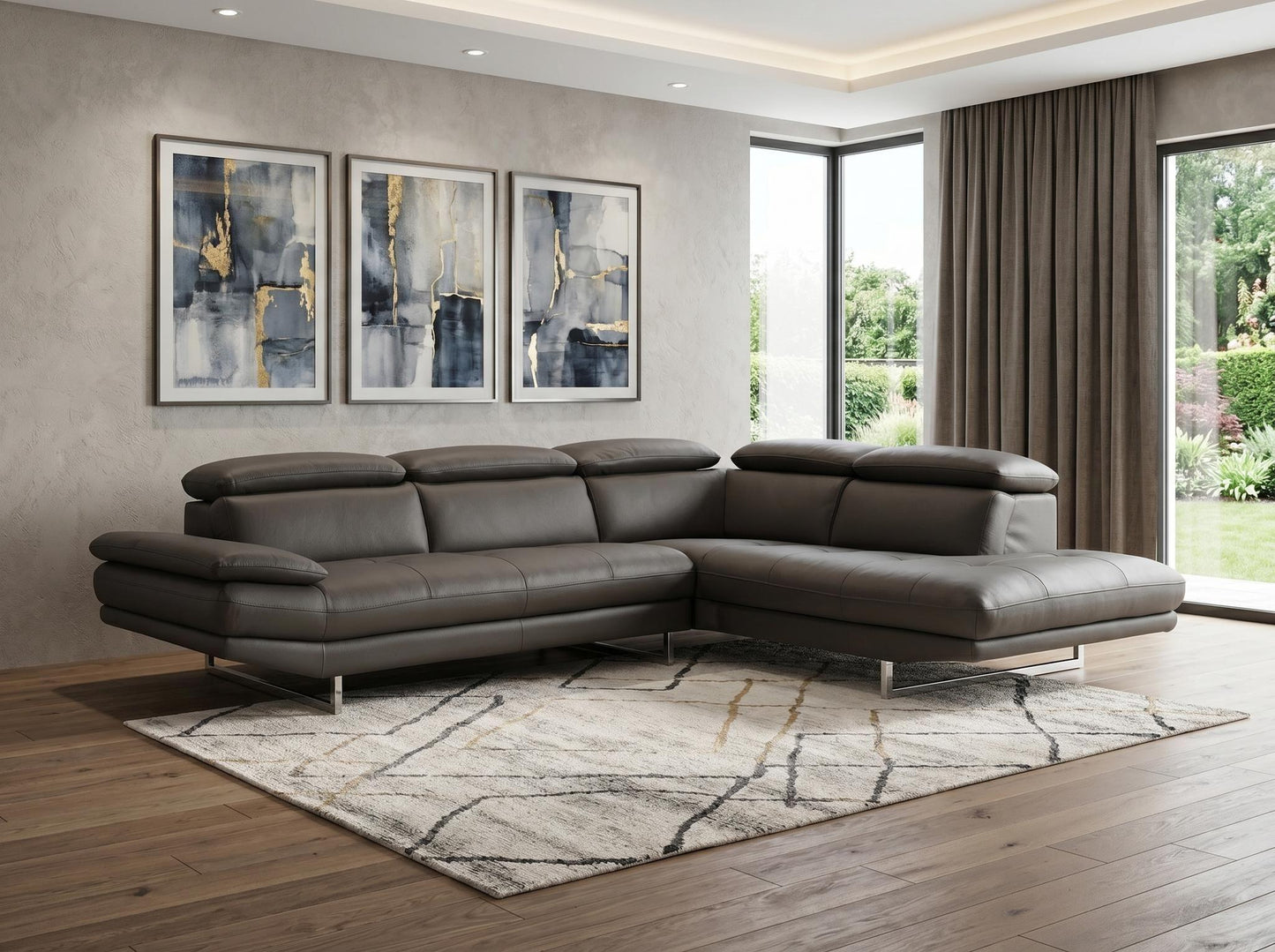 Dark Gray Genuine Leather L Shaped 2 Piece Sofa & Chaise Sectional