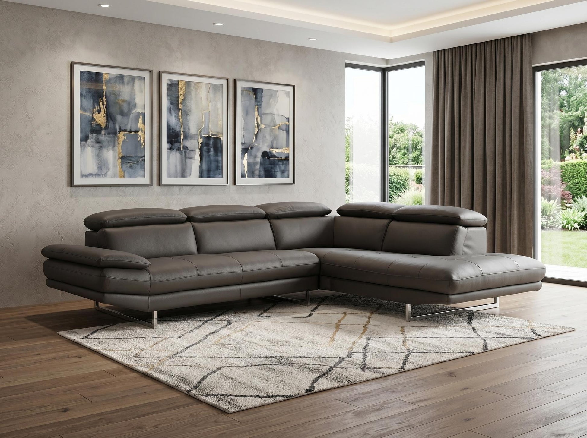 Dark Gray Genuine Leather L Shaped 2 Piece Sofa & Chaise Sectional