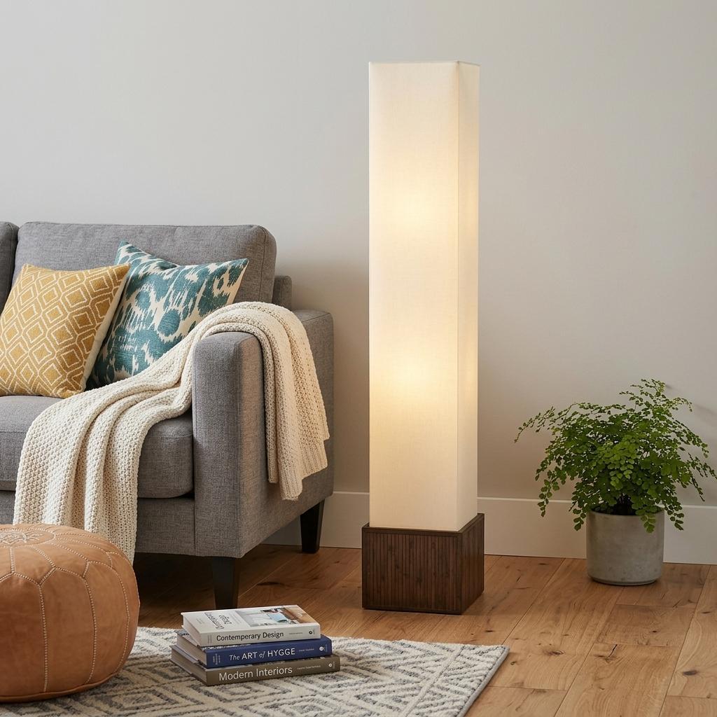 Brown Rattan Lantern Floor Lamp w/ Long Shade