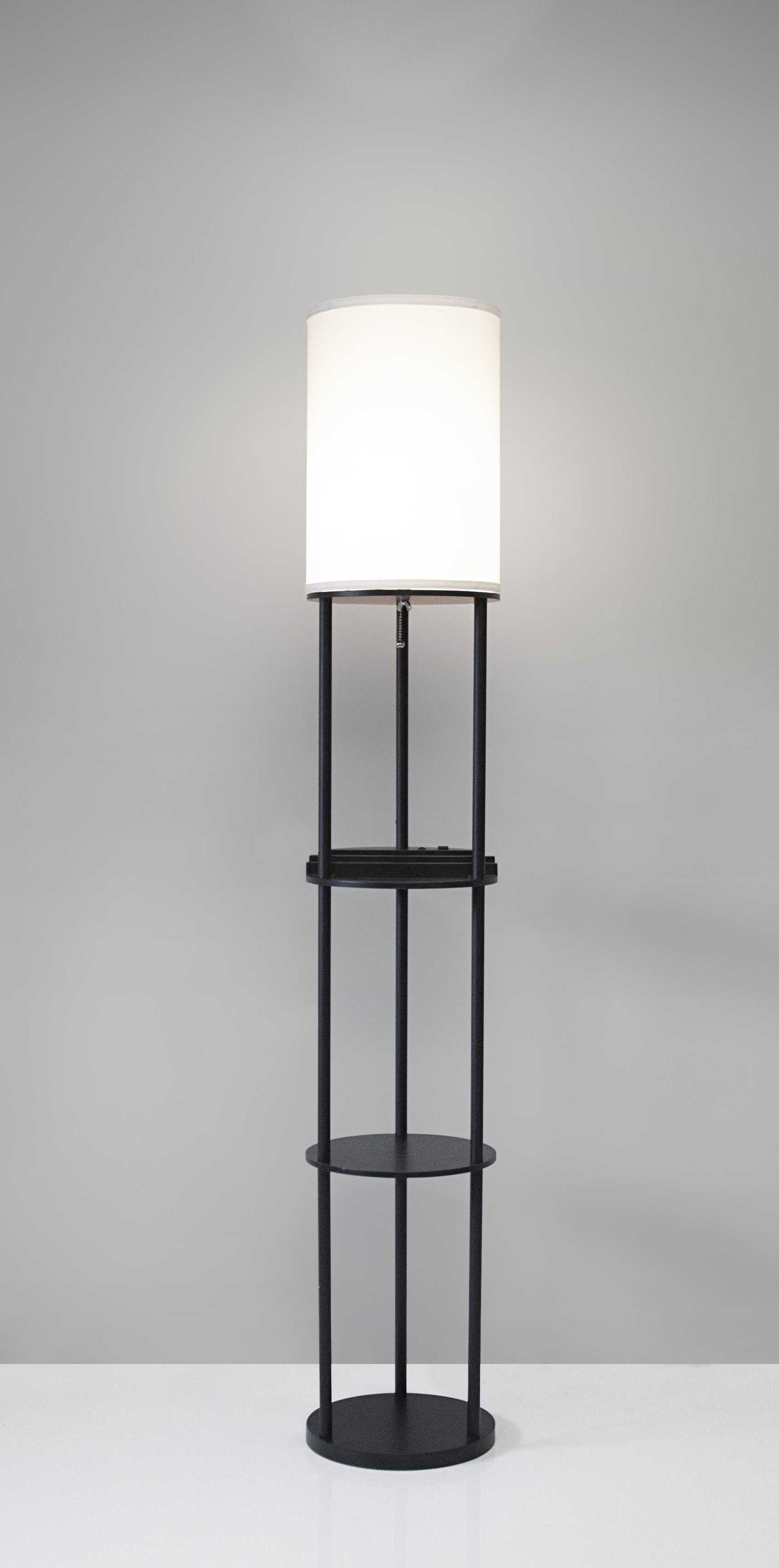 Black Wood Floor Lamp w/ Circular Charging Station Shelf