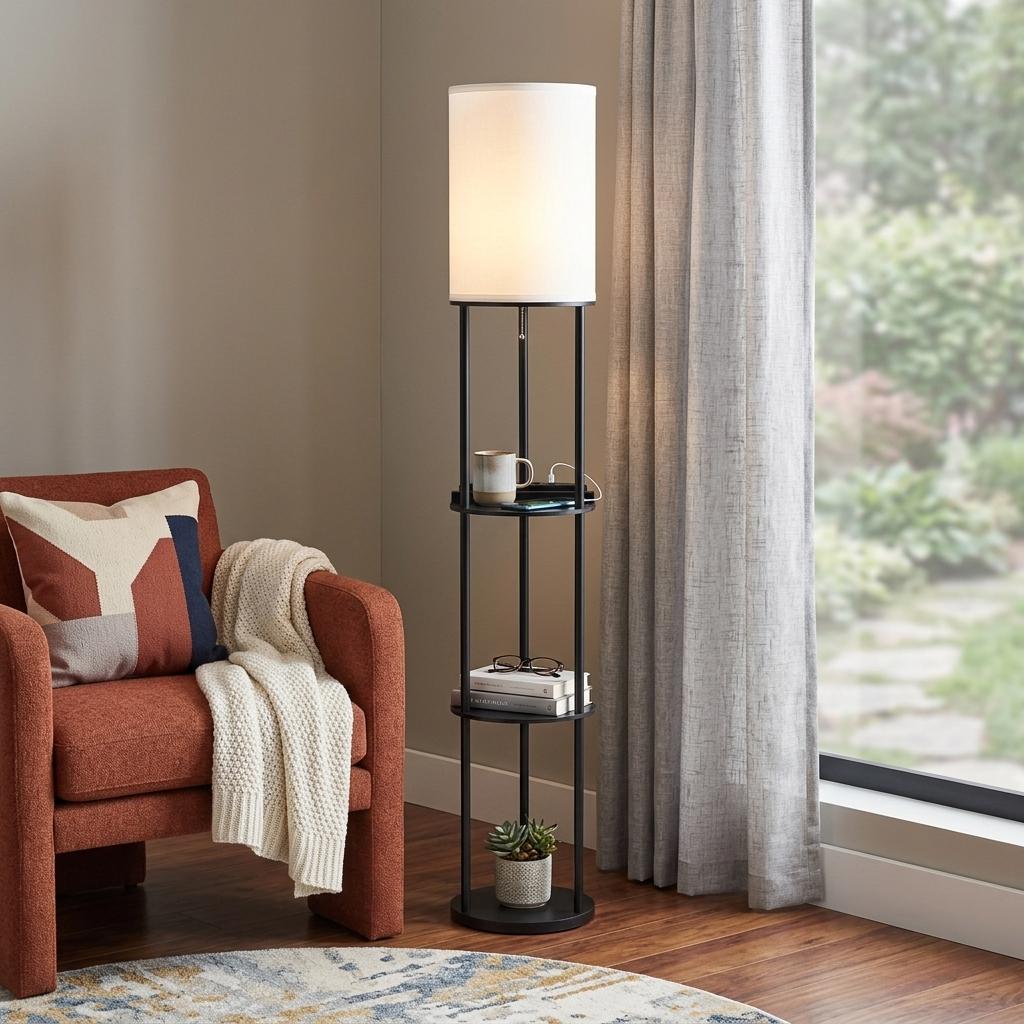 Black Wood Floor Lamp w/ Circular Charging Station Shelf