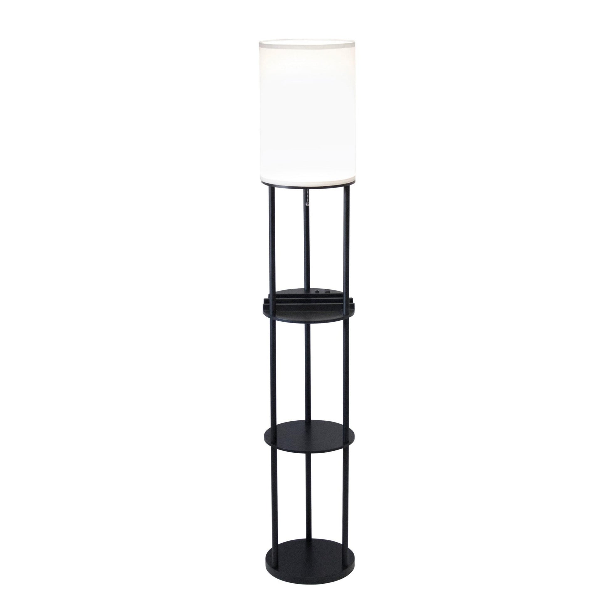 Black Wood Floor Lamp w/ Circular Charging Station Shelf