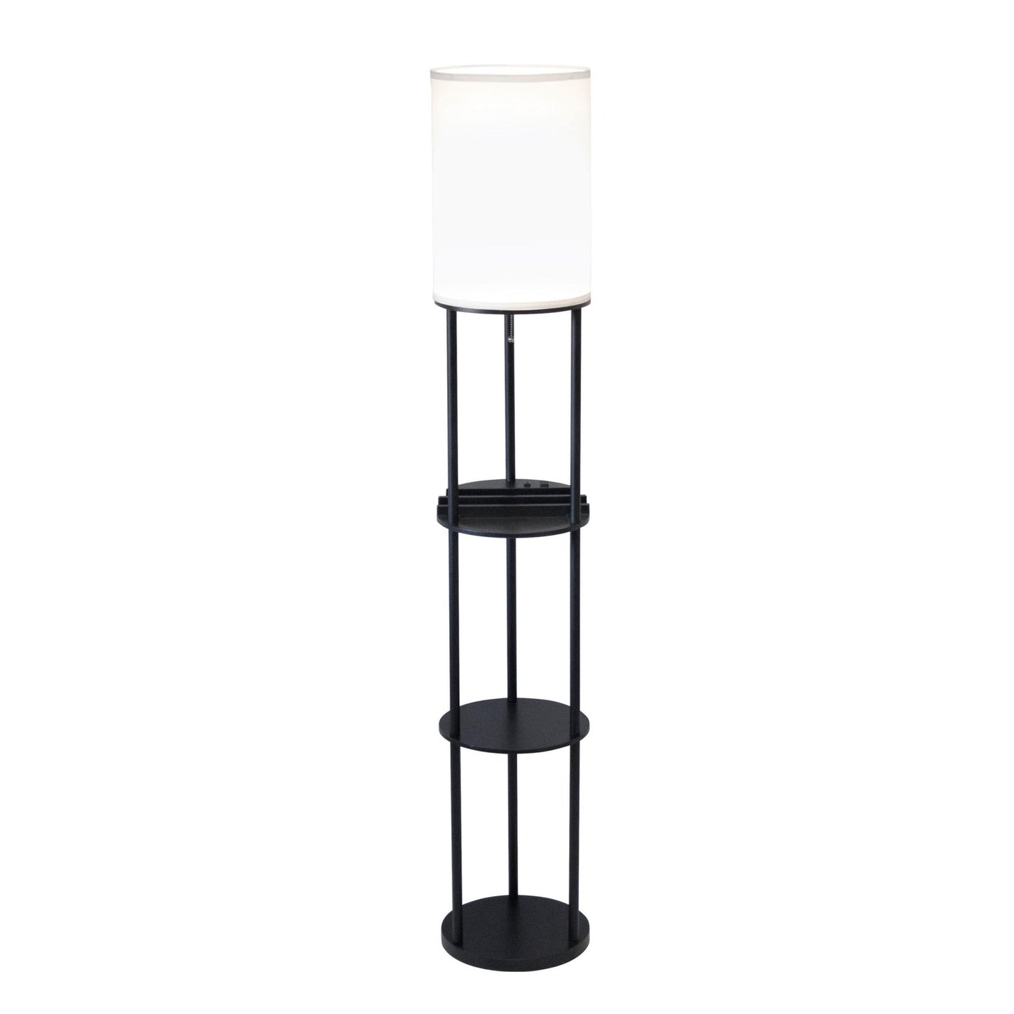 Black Wood Floor Lamp w/ Circular Charging Station Shelf