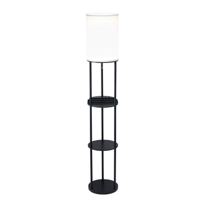 Black Wood Floor Lamp w/ Circular Charging Station Shelf