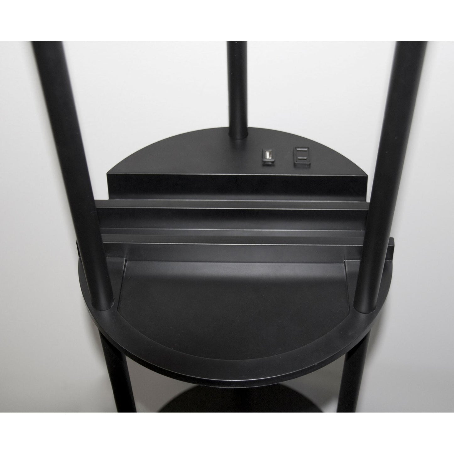 Black Wood Floor Lamp w/ Circular Charging Station Shelf
