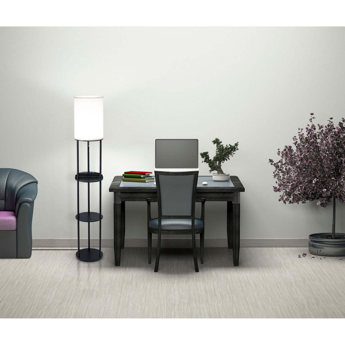Black Wood Floor Lamp w/ Circular Charging Station Shelf