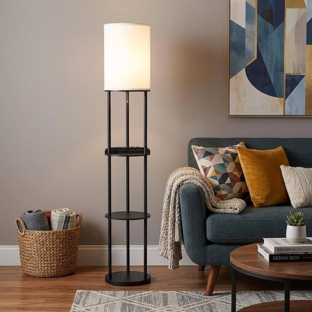 Black Wood Floor Lamp w/ Circular Charging Station Shelf