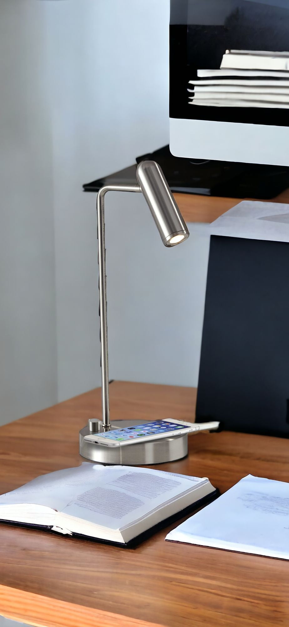 Silver Desk Lamp w/ & Wireless Charging