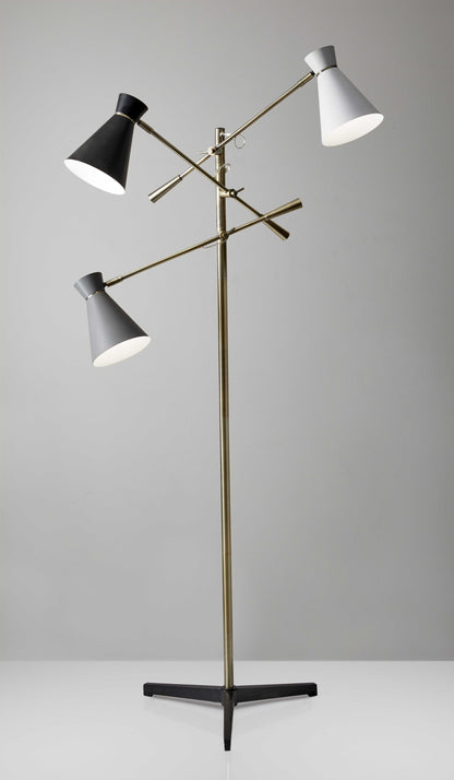 Three Arm Adjustable Floor Lamp In Brass w/ Grey Black & Shades