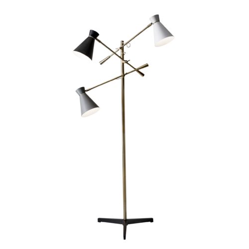 Three Arm Adjustable Floor Lamp In Brass w/ Grey Black & Shades
