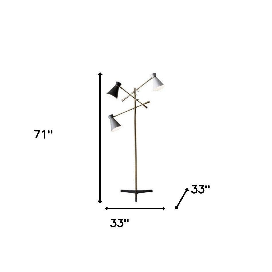 Three Arm Adjustable Floor Lamp In Brass w/ Grey Black & Shades