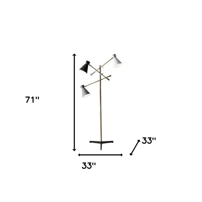 Three Arm Adjustable Floor Lamp In Brass w/ Grey Black & Shades