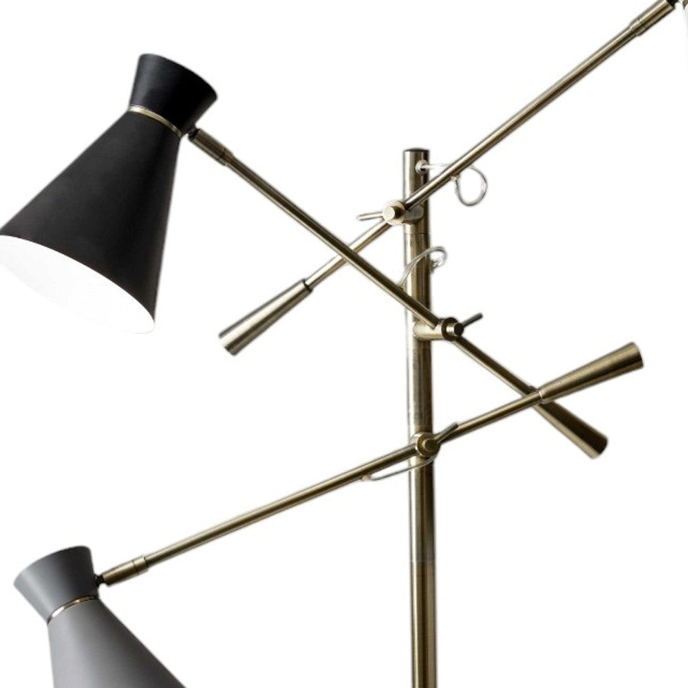 Three Arm Adjustable Floor Lamp In Brass w/ Grey Black & Shades