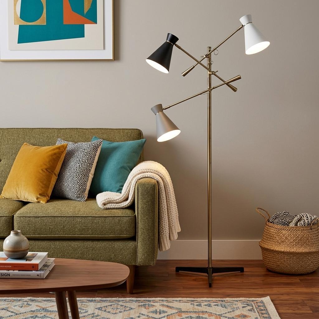 Three Arm Adjustable Floor Lamp In Brass w/ Grey Black & Shades